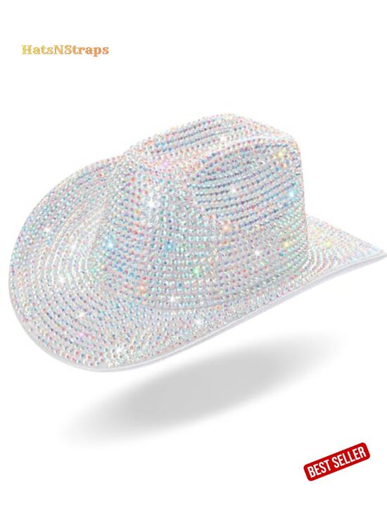 Rhinestone Cowboy Hat with Diamond Fringe for Cosplay Wedding, One Size